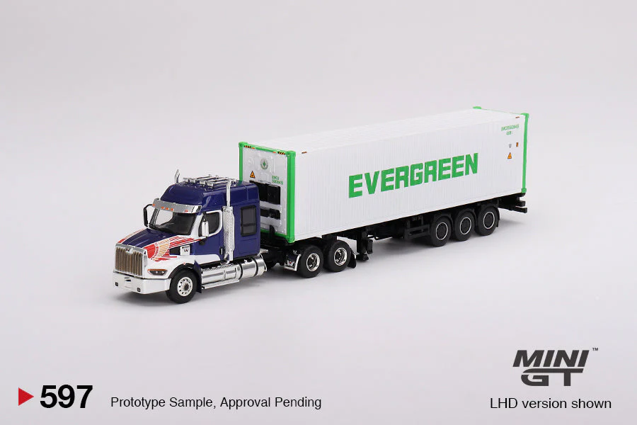 Mini GT - Western Star 49X Blue w/ 40' Reefer Container "EVERGREEN" - Scala 1/64 MGT00597 - Image 4